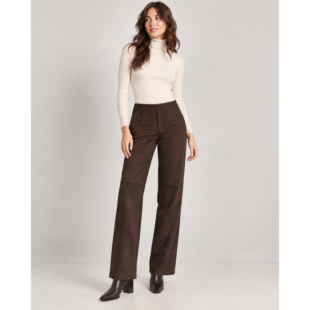 Liz Claiborne Faux Suede Pants 8 Brown Straight Leg Back Buckle Y2K Academia